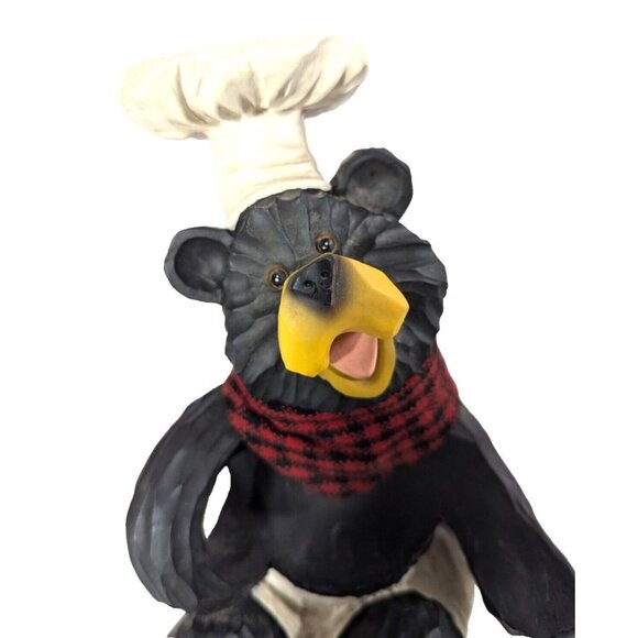 Chef Black Bear Wine Bottle Holder Hat Apron Buffalo Fabric Red Black Scarf 8-in - Picture 4 of 7